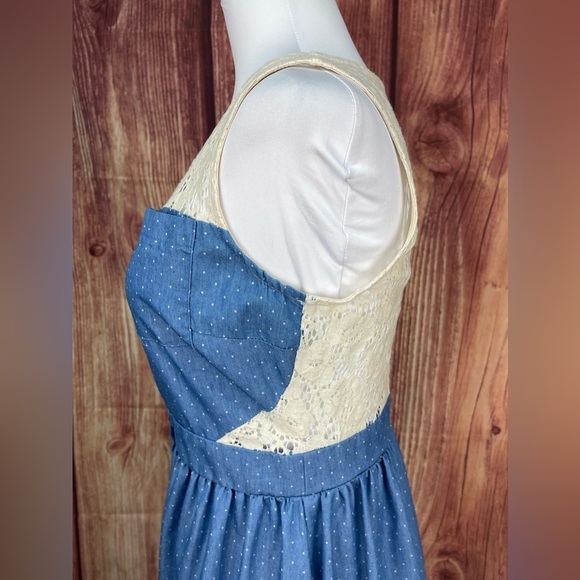 Monteau cream lace blue cotton sleeveless button boho country mini dress size M - Picture 7 of 17